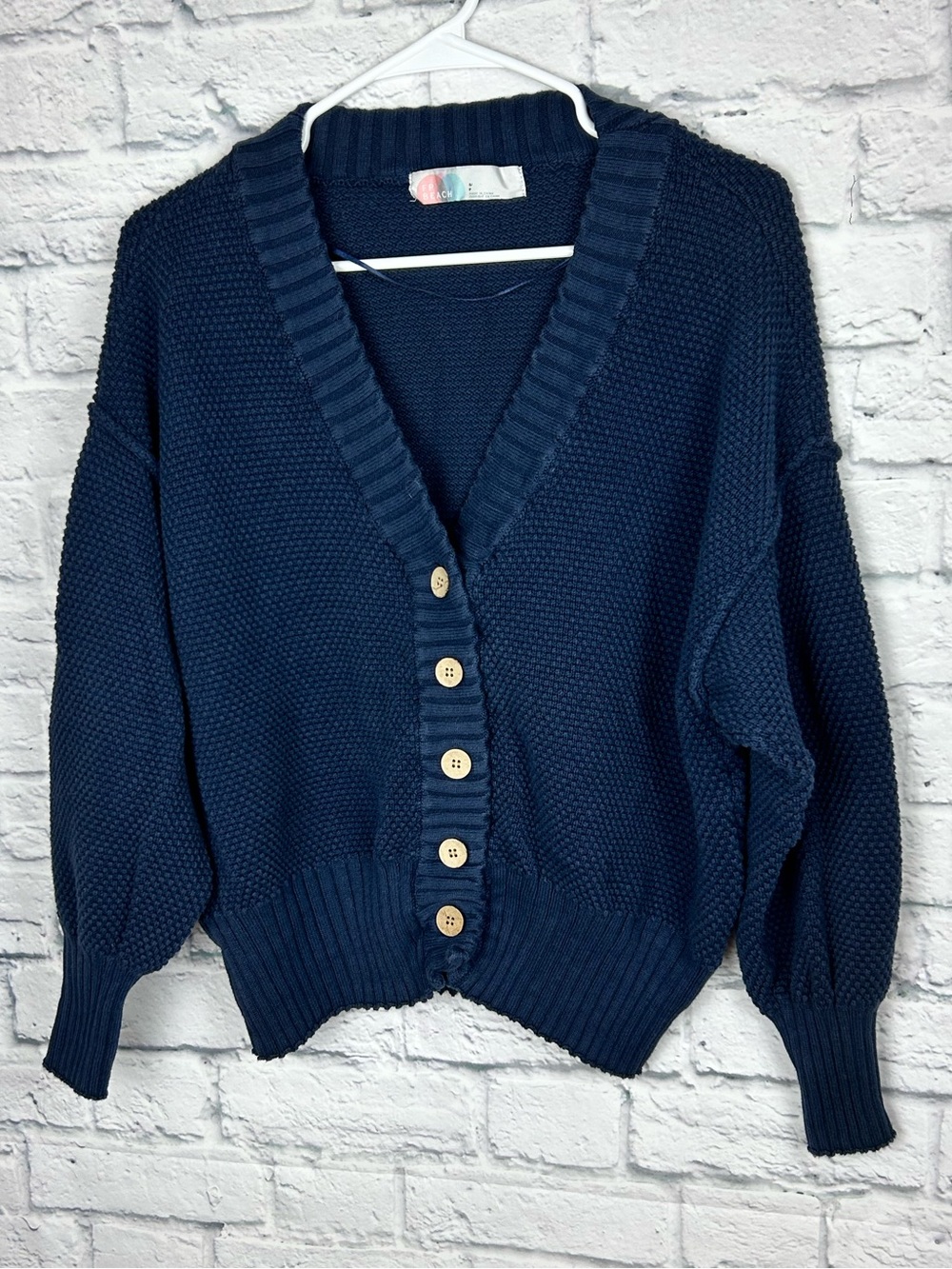 FP Beach Free People Navy Cotton Button Front Chunky Knit Cardigan Small